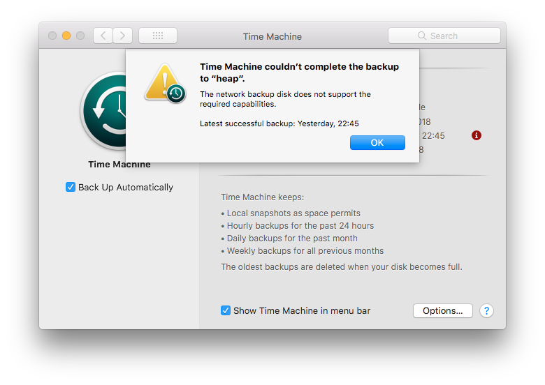 MacOS System Preferences Time Machine Preference Pane: Time Machine couldn't complete the backup to "heap". The network backup disk does not support the required capabilities.